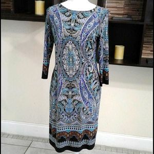 London Times Black & Blue Paisley Modern Chic Career Shift Midi Dress
